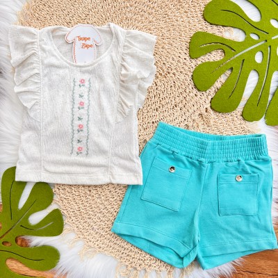 Conj. Batinha em Linho com Flores Bordadas e Short - Verde Água e Areia